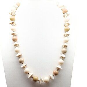 Vintage Beige & Taupe Beaded Necklace with Tiered Geometric Accents